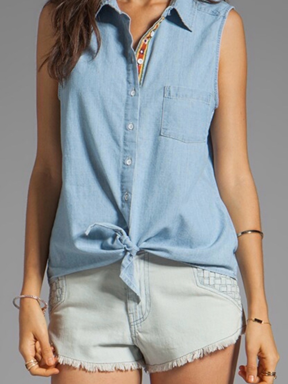C&C California Summer Light Blue Denim Sleeveless Tie Knot Front Chambray Shirt